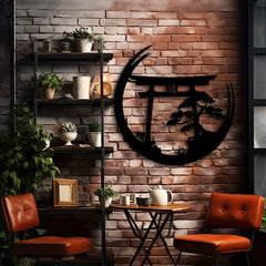 Japanese Bonsai Tree Torii Gate Wall Sculpture - Metal Wall Art, Elegant Hanging Decoration, Housewarming Iron Mural Gift