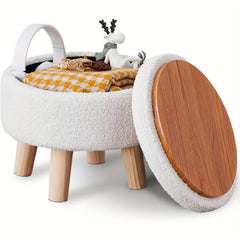 Velvet Round Ottoman with Wood Legs Multifunctional Footrest