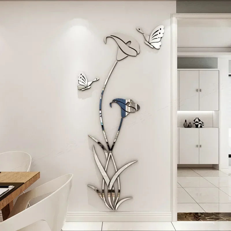 DIY Butterfly Lily Flower Wall Decal Acrylic Mirror Flower Wall Sticker Murals for Living Room Bedroom TV Background Home Decor