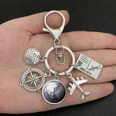 New ideas Earth plane keychain pendant earth compass personality memorial key ring gift for travel lovers