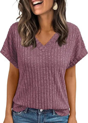 Women’s V-Neck Knit T-Shirt Casual Summer Top