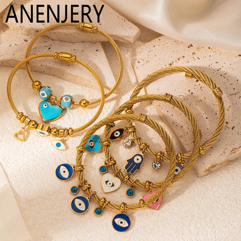 ANENJERY 316L Stainless Steel Colorful Eyes Heart Beads Drip Oil Pendant Bracelet for Women Men Personality Fashion Jewelry Gift