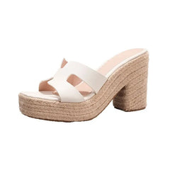 Woven Hemp Rope Thick Heel White Wedge Sandals Summer Waterproof High Heels Cross-Border Style Ladies Slip-On Shoes