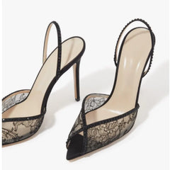Summer new pointed fish mouth lace mesh rhinestone rivet wedding shoes thin high-heeled banquet dress large size women's sandals Heels