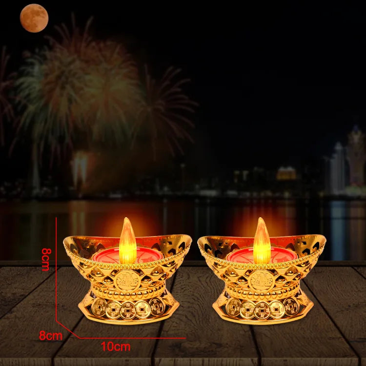Pair Electric Thailand Candle & Candlestick 2AAA RICH Wealth Eternal Lamp Butter lamp For Buddhism Festival  Chinese New Year Home Decor
