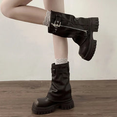Winter Women Biker Boots Fashion Belt Buckle Ladies Elegant Platform Flats Short Booties Casual Women's Knight Booties Shoes