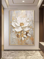 Nordic Handpainted Gold White Flower Oil Wall Art Home Decor