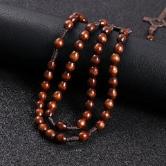 Christ Jesus Wooden Beads 8mm Rosary Bead Cross Car Pendant Woven Rope Chain Necklace Religious Orthodox Praying  Jewelry