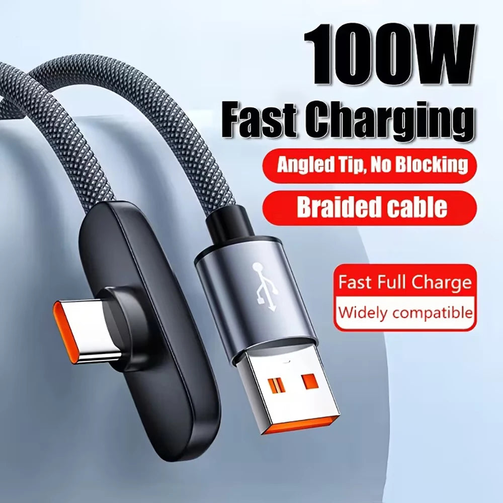 100W USB to Type C Cable Fast Charging  90° Elbow Data Cord USB C Super Charging Game Line for SamsungS23 S22 Huawei POCO Realme