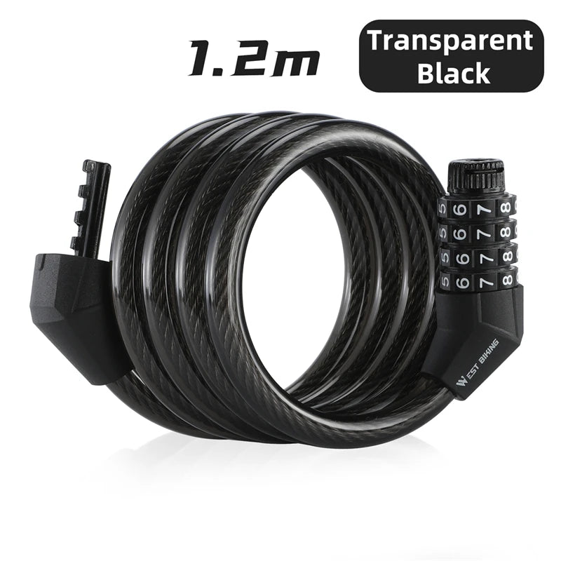 WEST BIKING Bicycle Lock 4 Digit Code 120cm Portable Anti-theft Steel Cable Lock Electric Scooter Security Cycling Accessories