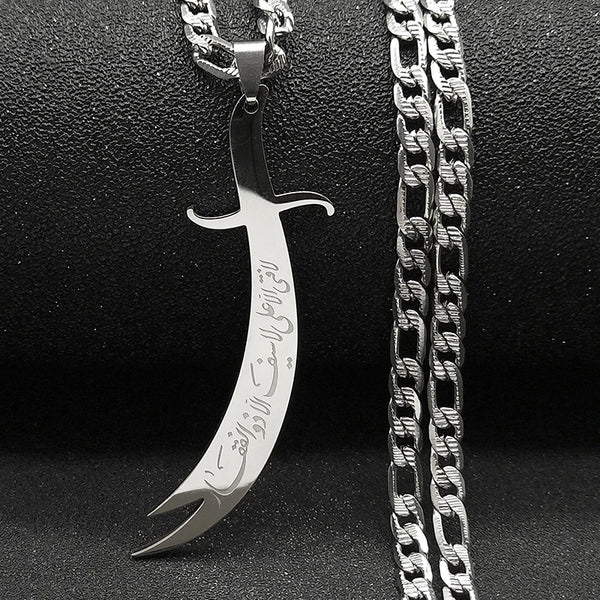 Islamic Imam Ali Zulfiqar Sword Pendant Necklace for Women Men Stainless Steel Gold Color Arabic Religion Chain Jewelry NZZZ764
