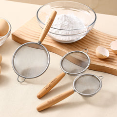 WORTHBUY Flour Sieve Stainless Steel Fine Mesh Strainer Wooden Handle Residue Filter Spoon Colander Kitchen Pastry Baking Kitchen Tools, Cooking Utensils