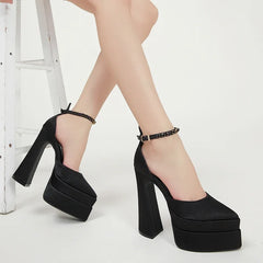 Brand Rhinestone Satin Women's Sandals Fashion 14.5cm High Heels Platform Black Red Dress Party Wedding Women's Shoes Large 4142