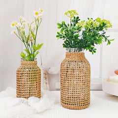Vintage Rattan Vase Hand Woven Wicker Flower Pot Glass Bouquets Holder Vases Wedding Party Dining Table Centerpiece Decor