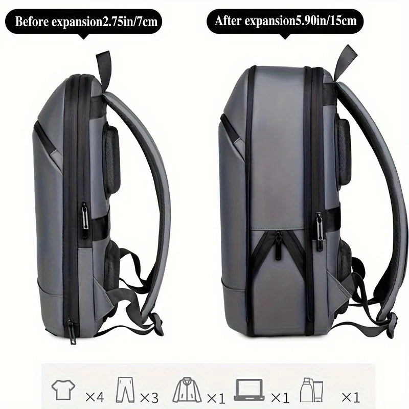 One men's plain business backpack with a luggage strap for commuting.