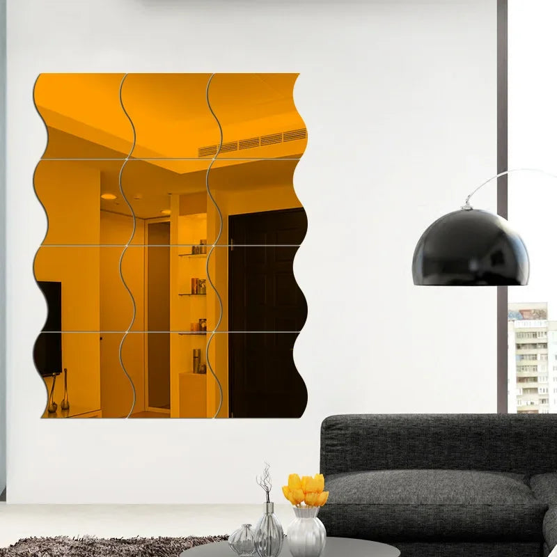 10 Pieces of Wave Combination Mirror Three-dimensional Wall Sticker 3D Mirror Mural Modern Artist Living Room Bedroom Home Decor Mirror Art