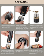 USB Rechargeable Electric Salt and Pepper Grinder Adjustable Coarseness Large Capacity Auto Spices Grinders Kitchen Cooking Tool