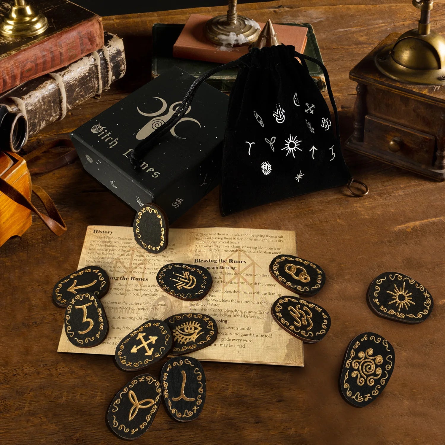 Mystic Witch Runes Set 13pcs Wooden Rune Stones with Symbols Altar Divination Tools Norse Viking Letters Healing Meditation Kit