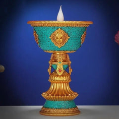QX2E Tibetan Candlestick Smokeless Electronic Butter Lamp Rechargeable Holder Altars Light Buddhist Desktop Ornament