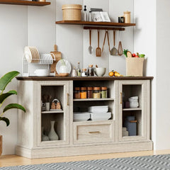 Farmhouse TV Stand for 70 Inch TV Entertainment Unit with Glass Door Storage Cabinets Adjustable Shelves Modern Media Console Living Room Furniture