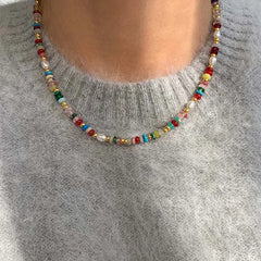 Colorful Beads & Freshwater Pearl Necklace – Retro Gold Clavicle Chain