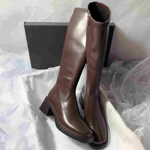 Vintage Thick Heel Women Knee High Boots Fashion Side Zippers Shoes Autumn Winter Ladies Concise Long Botas De Mujer Shoes