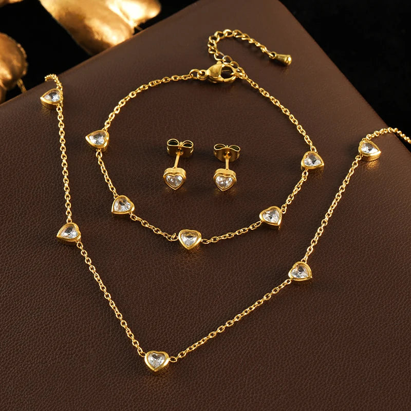 GANEMLY 316L Stainless Steel Heart Zircon Jewelry Set – Waterproof Luxury