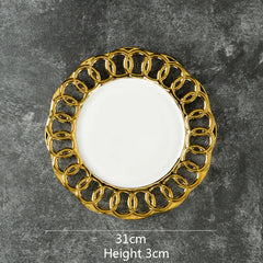 Gold Plated Hollow Out Ceramic Plate Steak Plate Dessert Snack Plate Fruit Salad Plates Service Plates Restaurant Tableware