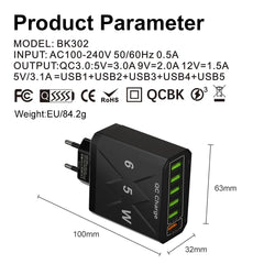 65W 6-Port Fast Charger – QC3.0 Travel Adapter