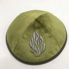 Judaical Velvet Kippah with Embroidery Of Fire for Men Yamaka Hat Kippot Royal Blue Grey 18cm