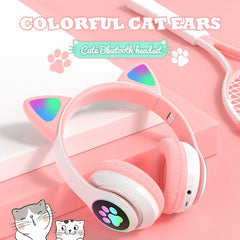 Flash Lamp Cute Cat Ears Headphone Bluetooth5.0 Stereo With Mic Support TF Card Wireless Kids Girl Earphone Birthday Gift