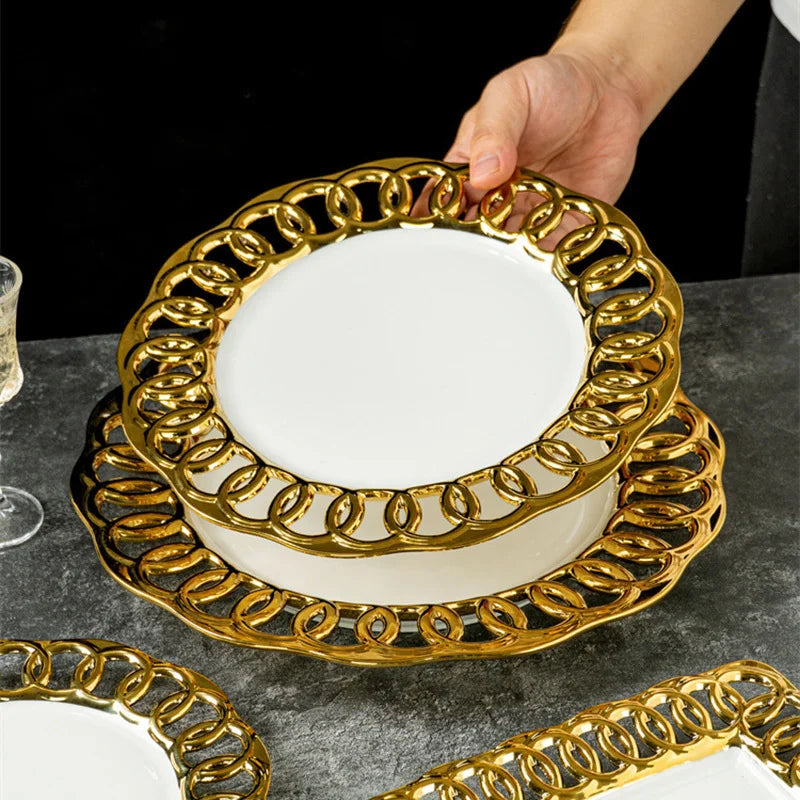 Gold Plated Hollow Out Ceramic Plate Steak Plate Dessert Snack Plate Fruit Salad Plates Service Plates Restaurant Tableware