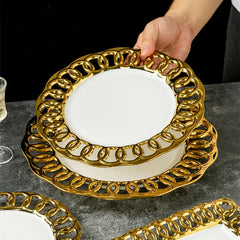 Gold Plated Hollow Out Ceramic Plate Steak Plate Dessert Snack Plate Fruit Salad Plates Service Plates Restaurant Tableware