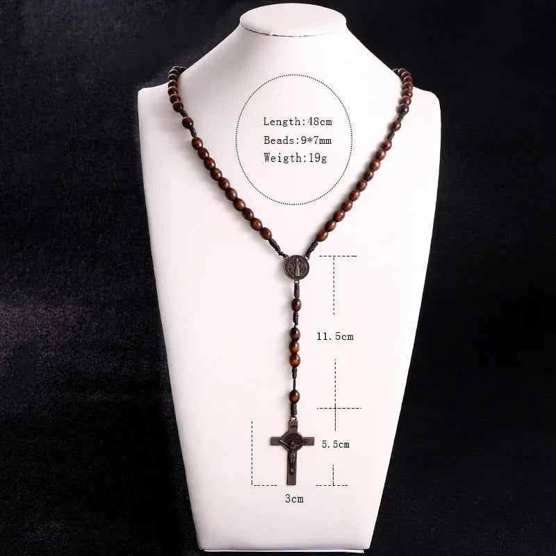 Christ Jesus Wooden Beads 8mm Rosary Bead Cross Car Pendant Woven Rope Chain Necklace Religious Orthodox Praying  Jewelry