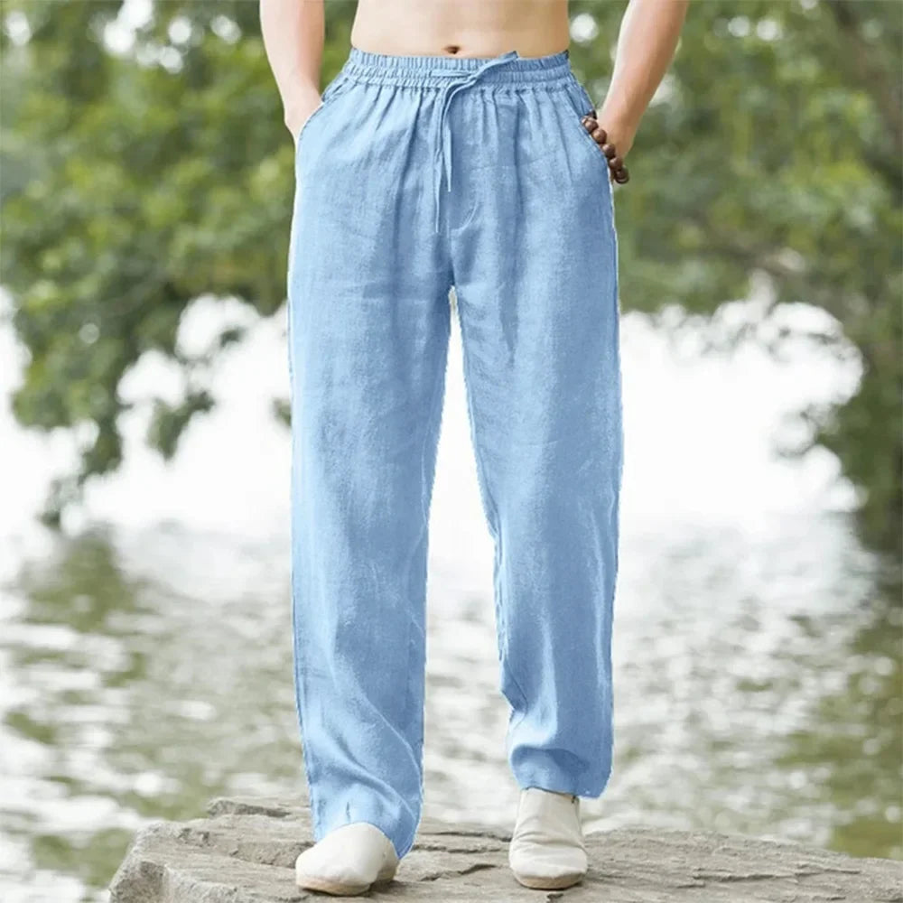 2025 New Blue Men's Beach Pants Joggers Streetwear Cotton Linen Sweatpants Casual Pants Hawaiian Vacation Loose Summer Long