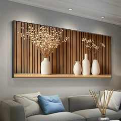 Modern Beige Vase Wall Art Canvas Painting, Frameless 2D Flat Decorative Poster for Living Room and Bedroom, Minimalist Wooden