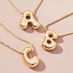 Golden Color Stainless Steel Initial Necklace for Girls Chunky Bubble Letter Pendant Necklaces Trendy Jewelry Gift