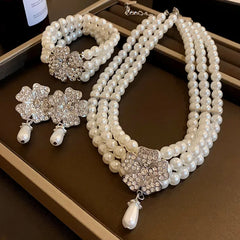 French Luxury Flower Pearl Jewelry Set – Multi-Layer Necklace & Earrings