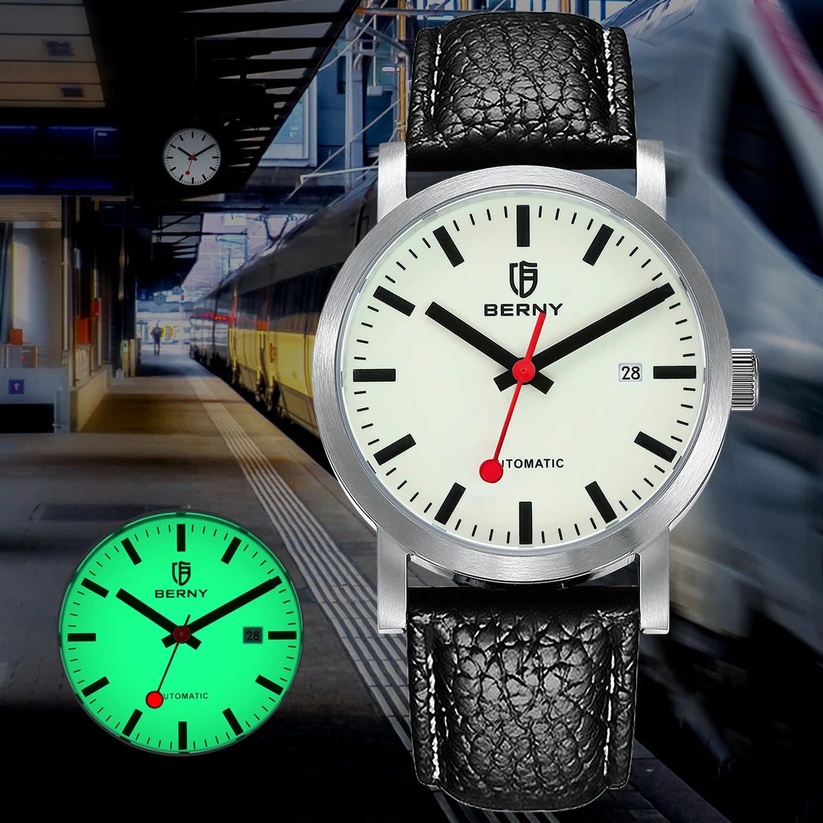 BERNY Watch for Men Automatic Self-Wind Luxury Watch Sappire MIYOTA 8215 Top Luminous 5ATM Mechanical Railroad Wristwatch