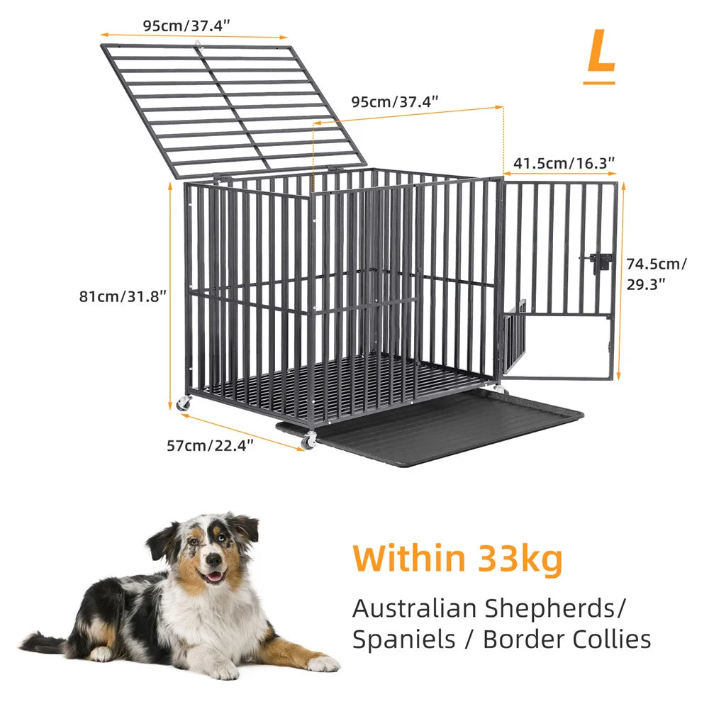 XXL Large Heavy Duty Dog Crate Strong Pet Cage Tear Resistant Square Tube Metal Kennel Playpen with Lockable Wheels and Tray Pet Shop