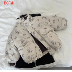 Winter Toddler Girl Parkas Cotton Padded Floral Print Long Sleeve Baby Girls Outerwear Coat Loose Thicken Warm Kid Girl Snowsuit
