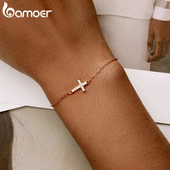 Bamoer Genuine 925 Sterling Silver Adjustable Cross Bracelet 6.10+0.98 inch 14K Gold Plated Chain Link Luxury Jewelry Women Gift