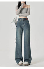 Women's Narrow Cut Wide Leg Jeans With High Waist And Hanging Feeling Straight Leg Casual Look Slim Contrasting Colors Pants