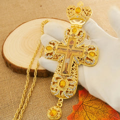 New 7.5" Crown Top Eastern Orthodox Cross Pendant Gold Plated Yellow Gemstones and Rhinestones Luxury Gift Box for Priest Gift