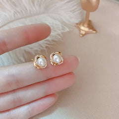 14K Gold Zircon Pearl Twist Stud Earrings for Women
