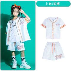 Kid Kpop Hip Hop Clothing Baseball Cardigan Shirt Top White Streetwear Cargo Jogger Pants Shorts for Girl Boy Jazz Dance Costume