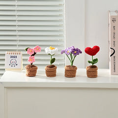 Crochet Knitting Flowers Potted Homemade Crochet Rose Tulip Daisy Office Desktop Ornaments Car Automotive Interior Decoration Home Decor, Plants & flowers