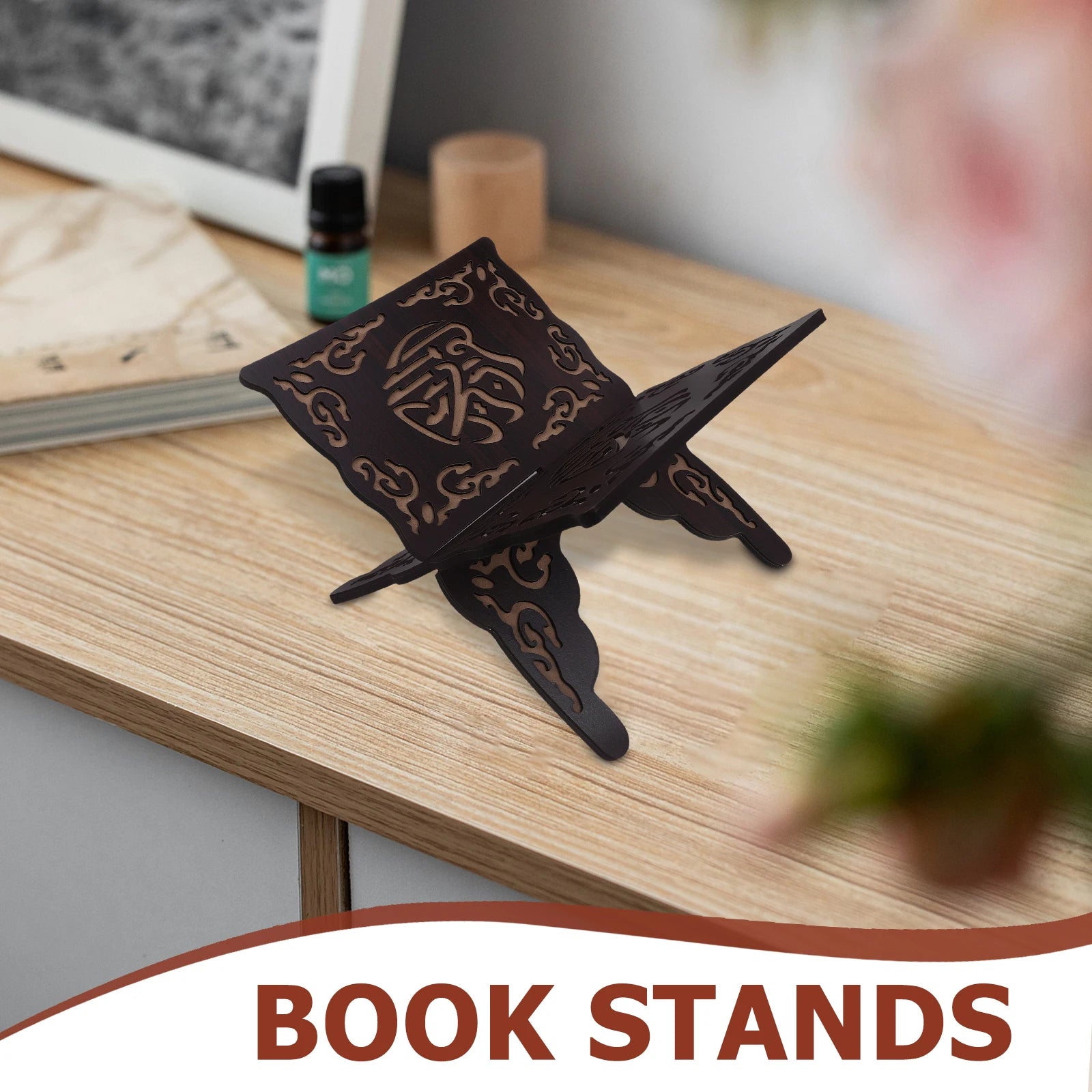 Black Foldable Detachable Wooden Carved Quran Bible Book Holder Muslim Prayer Reading Stand Book Organizer Rack,Home Decoration