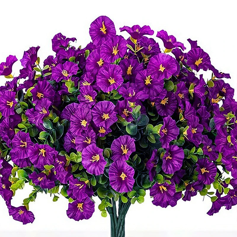 4Bundles Artificial Flowers Fake Silk Morning Glory Flower Eucalyptus Plants UV Resistant Garden Summer House Outdoor Decoration Home Decor, Plants & flowers