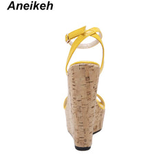 Aneikeh Fashion Shoes Woman Open Toe Platform Wedge Sandal for Woman Cutouts Super High Ankle Strap Gladiator Shoes Summer Heels